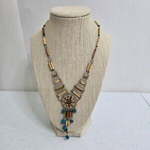 Peruvian Necklace Bamboo Boho Wire Wrapped Blue Tan Vintage Fringe Southwestern
